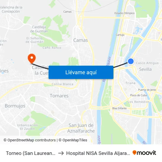 Torneo (San Laureano) to Hospital NISA Sevilla Aljarafe map