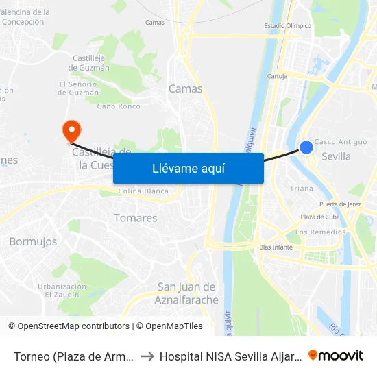 Torneo (Plaza de Armas) to Hospital NISA Sevilla Aljarafe map