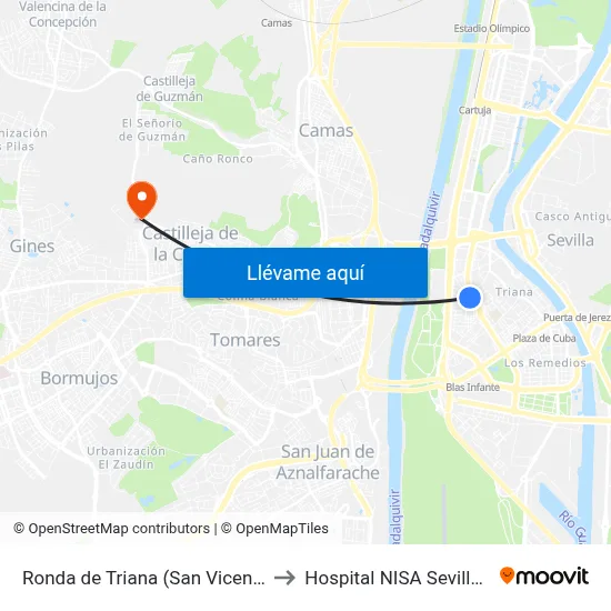 Ronda de Triana (San Vicente de Paúl) to Hospital NISA Sevilla Aljarafe map