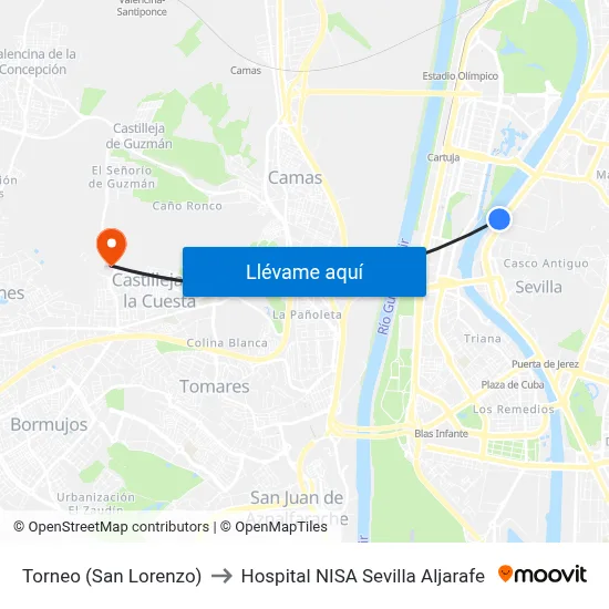 Torneo (San Lorenzo) to Hospital NISA Sevilla Aljarafe map