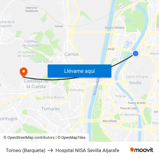 Torneo (Barqueta) to Hospital NISA Sevilla Aljarafe map