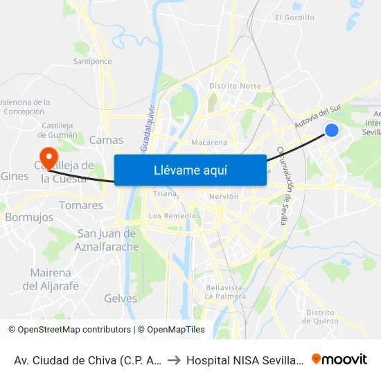 Av. Ciudad de Chiva (C.P. Arrayanes) to Hospital NISA Sevilla Aljarafe map