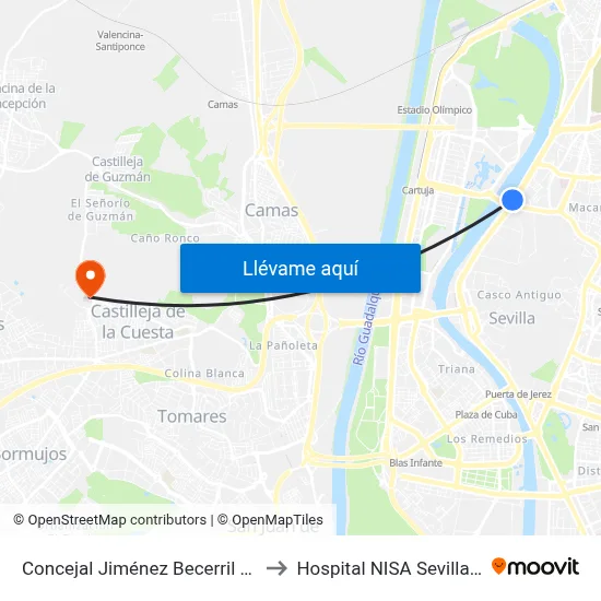 Concejal Jiménez Becerril (Barqueta) to Hospital NISA Sevilla Aljarafe map