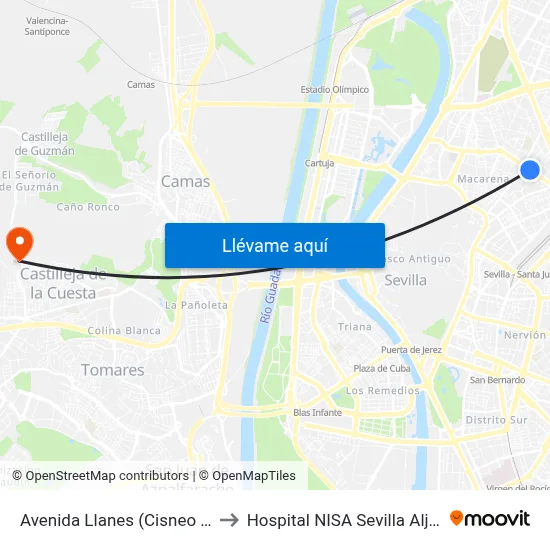 Avenida Llanes (Cisneo Alto) to Hospital NISA Sevilla Aljarafe map
