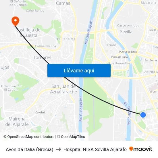 Avenida Italia (Grecia) to Hospital NISA Sevilla Aljarafe map