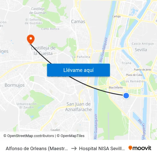 Alfonso de Orleans (Maestranza Aérea) to Hospital NISA Sevilla Aljarafe map