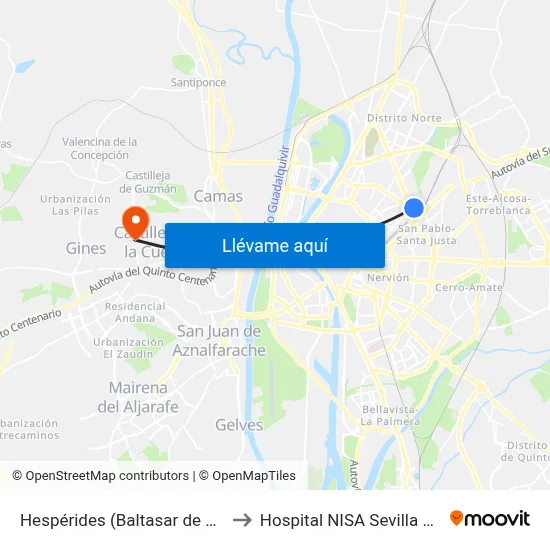 Hespérides (Baltasar de Alcázar) to Hospital NISA Sevilla Aljarafe map