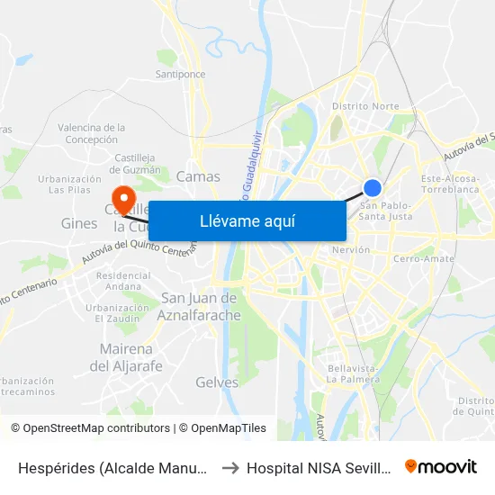 Hespérides (Alcalde Manuel Del Valle) to Hospital NISA Sevilla Aljarafe map