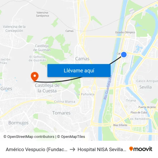 Américo Vespucio (Fundacion Once) to Hospital NISA Sevilla Aljarafe map