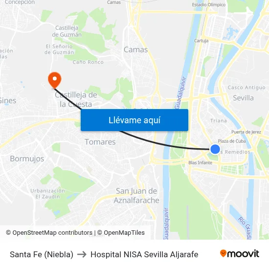Santa Fe (Niebla) to Hospital NISA Sevilla Aljarafe map