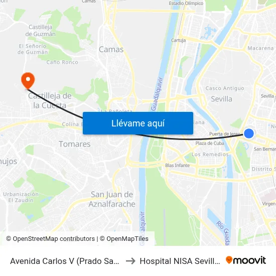 Avenida Carlos V (Prado San Sebastián) to Hospital NISA Sevilla Aljarafe map