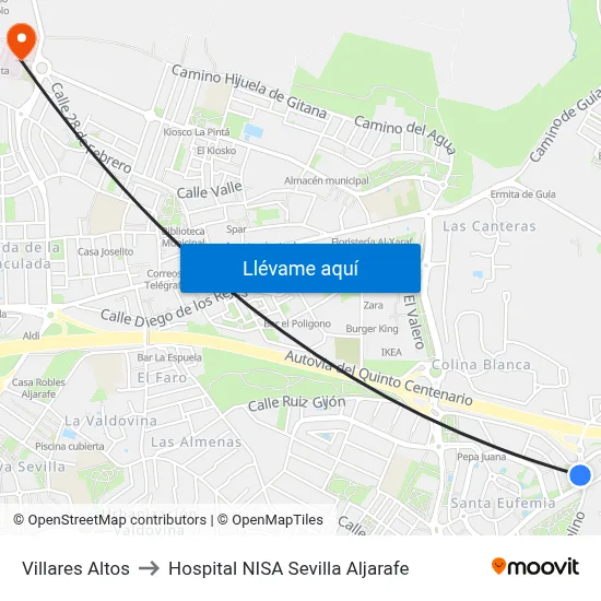 Villares Altos to Hospital NISA Sevilla Aljarafe map