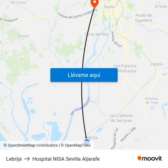 Lebrija to Hospital NISA Sevilla Aljarafe map