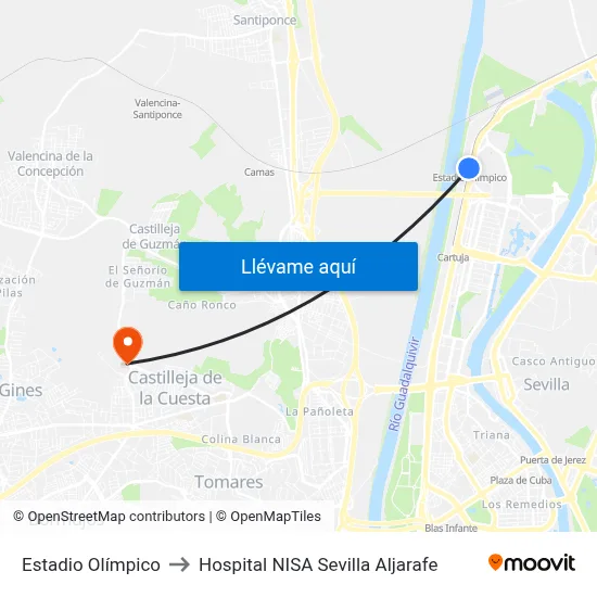 Estadio Olímpico to Hospital NISA Sevilla Aljarafe map