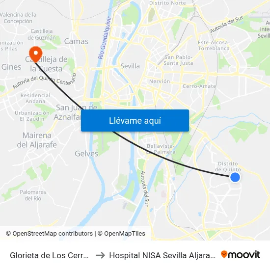Glorieta de Los Cerros to Hospital NISA Sevilla Aljarafe map