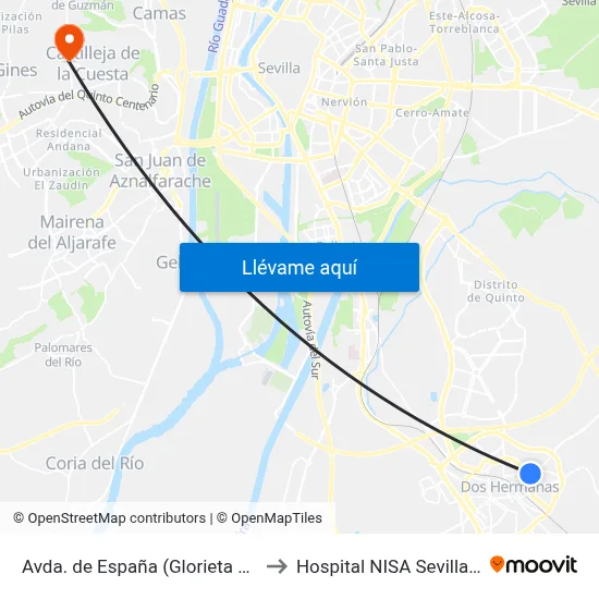 Avda. de España (Glorieta de Aragón) to Hospital NISA Sevilla Aljarafe map