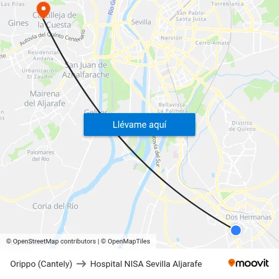Orippo (Cantely) to Hospital NISA Sevilla Aljarafe map