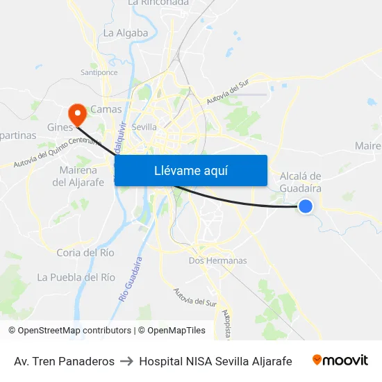 Av. Tren Panaderos to Hospital NISA Sevilla Aljarafe map