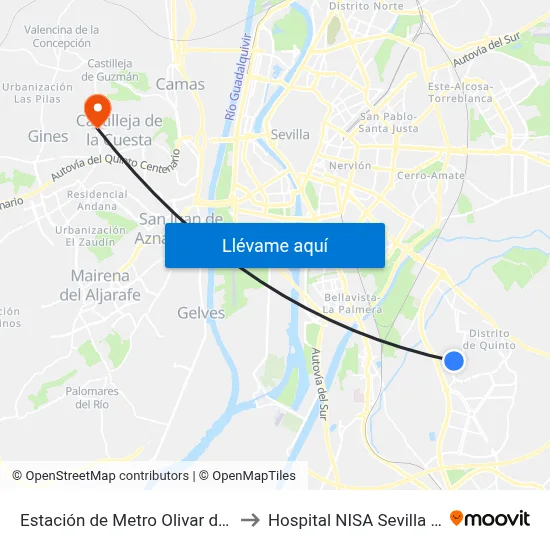 Estación de Metro Olivar de Quintos to Hospital NISA Sevilla Aljarafe map