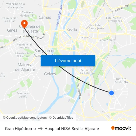 Gran Hipódromo to Hospital NISA Sevilla Aljarafe map