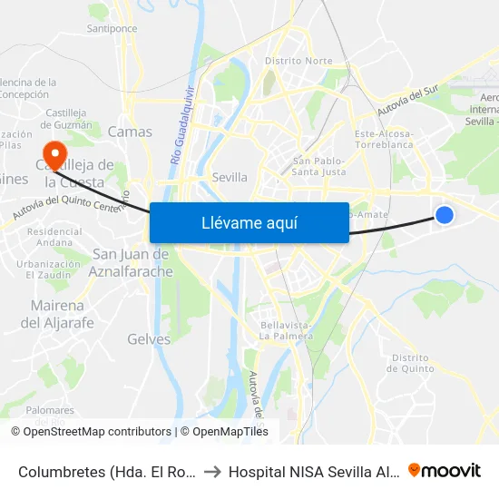 Columbretes (Hda. El Rosario) to Hospital NISA Sevilla Aljarafe map
