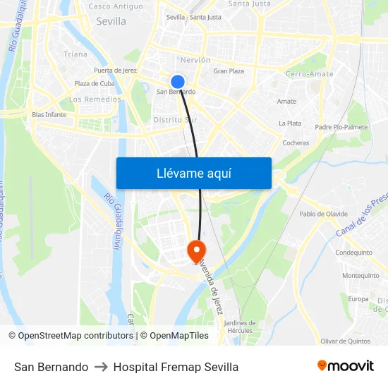 San Bernando to Hospital Fremap Sevilla map