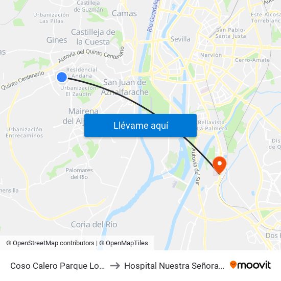 Coso Calero Parque Los Alamos to Hospital Nuestra Señora de Valme map