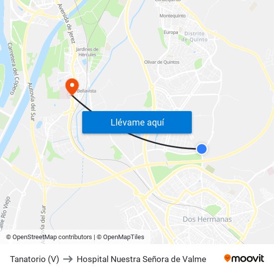 Tanatorio (V) to Hospital Nuestra Señora de Valme map