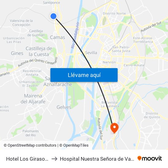 Hotel Los Girasoles to Hospital Nuestra Señora de Valme map