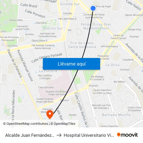 Alcalde Juan Fernández (El Plantinar) to Hospital Universitario Virgen del Rocío map