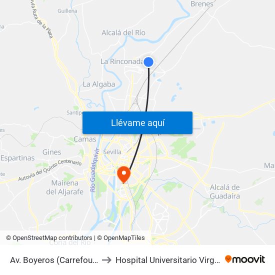 Av. Boyeros (Carrefour Express) to Hospital Universitario Virgen del Rocío map