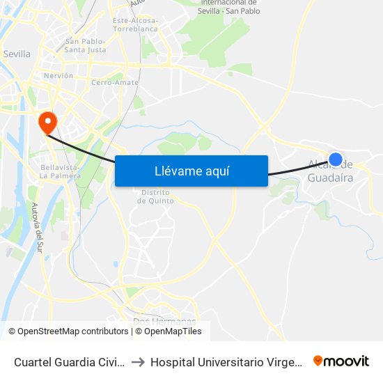 Cuartel Guardia Civil A-92 V to Hospital Universitario Virgen del Rocío map
