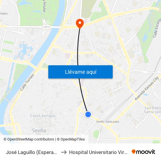 José Laguillo (Esperanza Trinidad) to Hospital Universitario Virgen Macarena map