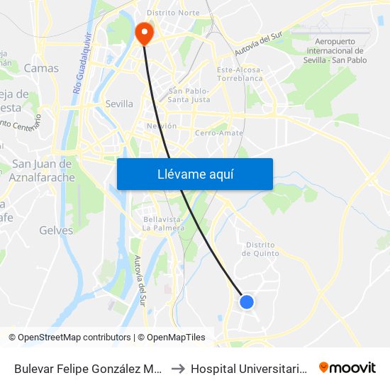 Bulevar Felipe González Márquez (Entrenúcleos) to Hospital Universitario Virgen Macarena map