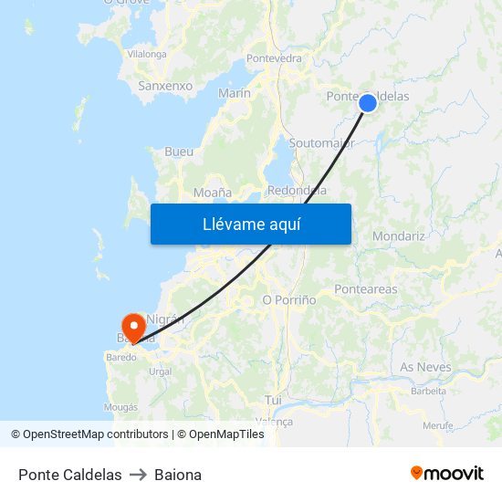 Ponte Caldelas to Baiona map