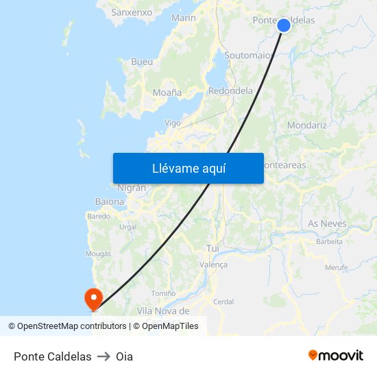 Ponte Caldelas to Oia map