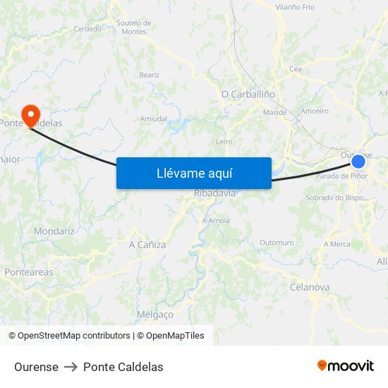 Ourense to Ponte Caldelas map