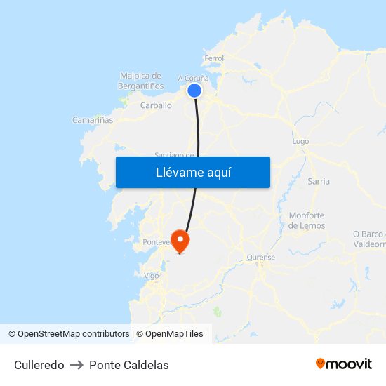 Culleredo to Ponte Caldelas map