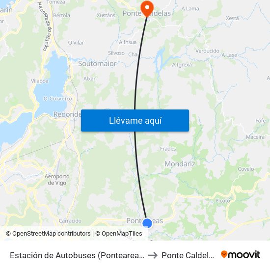 Estación de Autobuses (Ponteareas) to Ponte Caldelas map