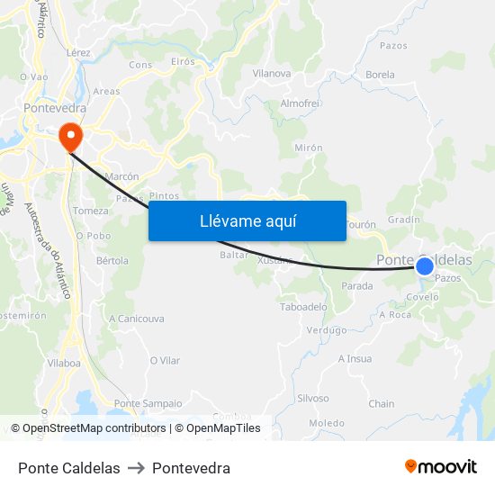 Ponte Caldelas to Pontevedra map
