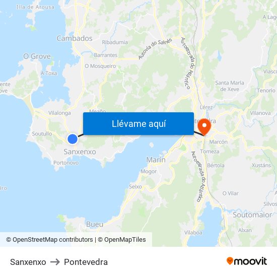 Sanxenxo to Pontevedra map