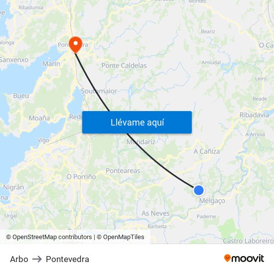 Arbo to Pontevedra map