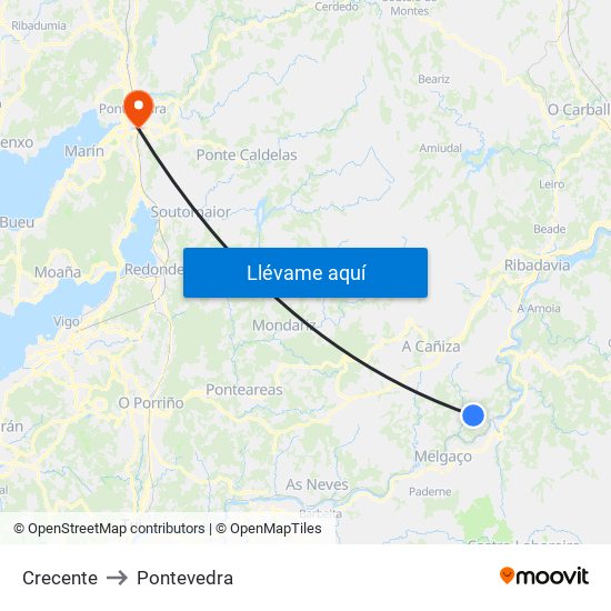 Crecente to Pontevedra map