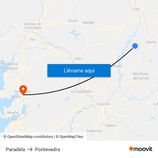 Paradela to Pontevedra map