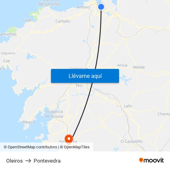 Oleiros to Pontevedra map