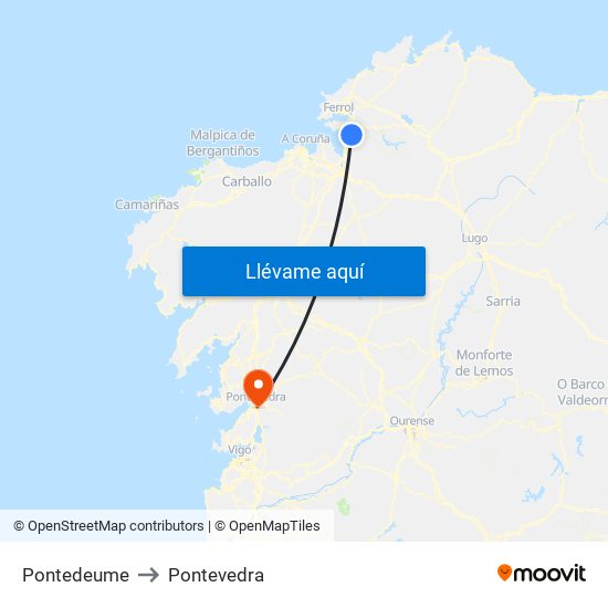 Pontedeume to Pontevedra map