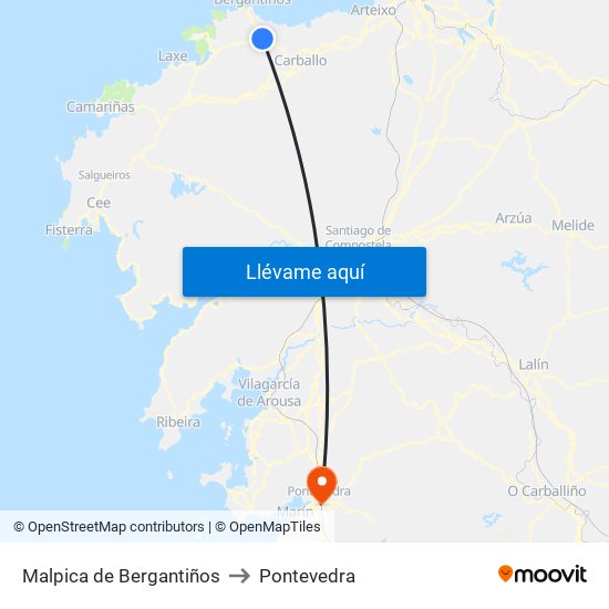 Malpica de Bergantiños to Pontevedra map