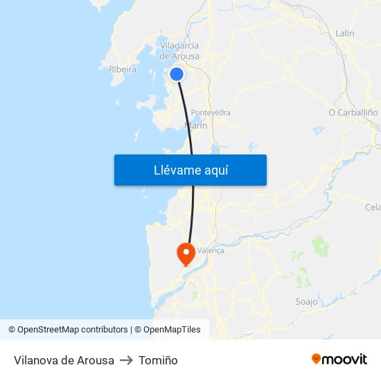 Vilanova de Arousa to Tomiño map