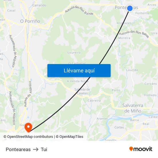 Ponteareas to Tui map