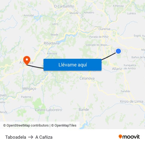 Taboadela to A Cañiza map
